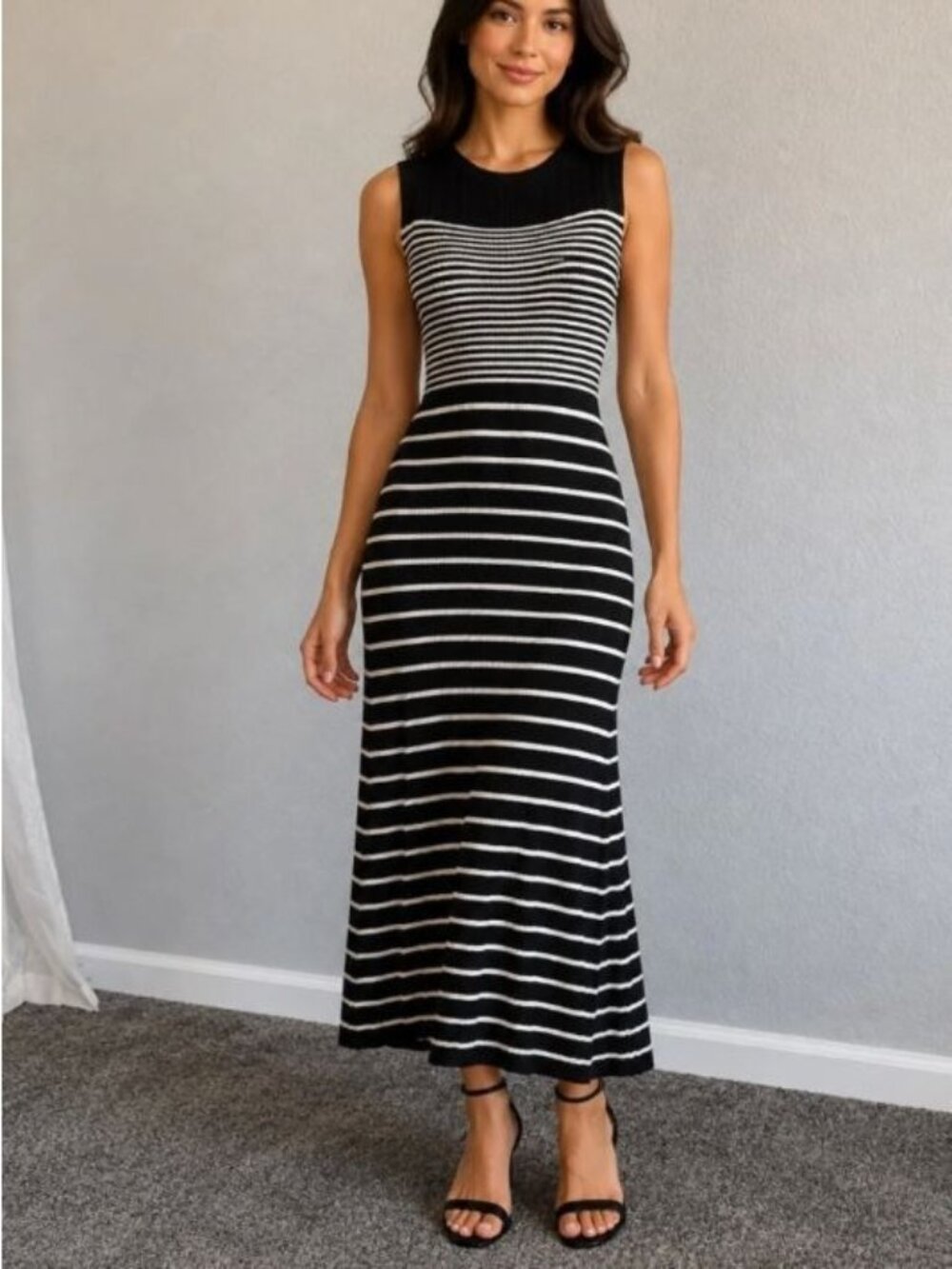 A New Day Black & White Striped Knit Midi Dress Medium Sleeveless